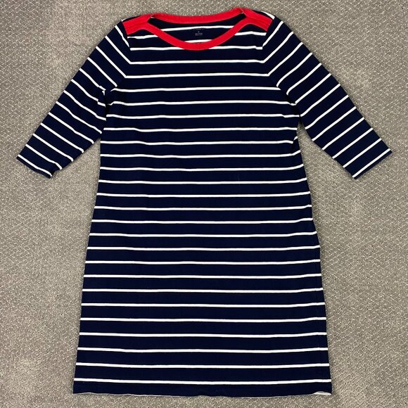 Talbots Sweater Dress Women's 1X Navy Blue White Cotton Shift Knit Striped Woman - Picture 1 of 11